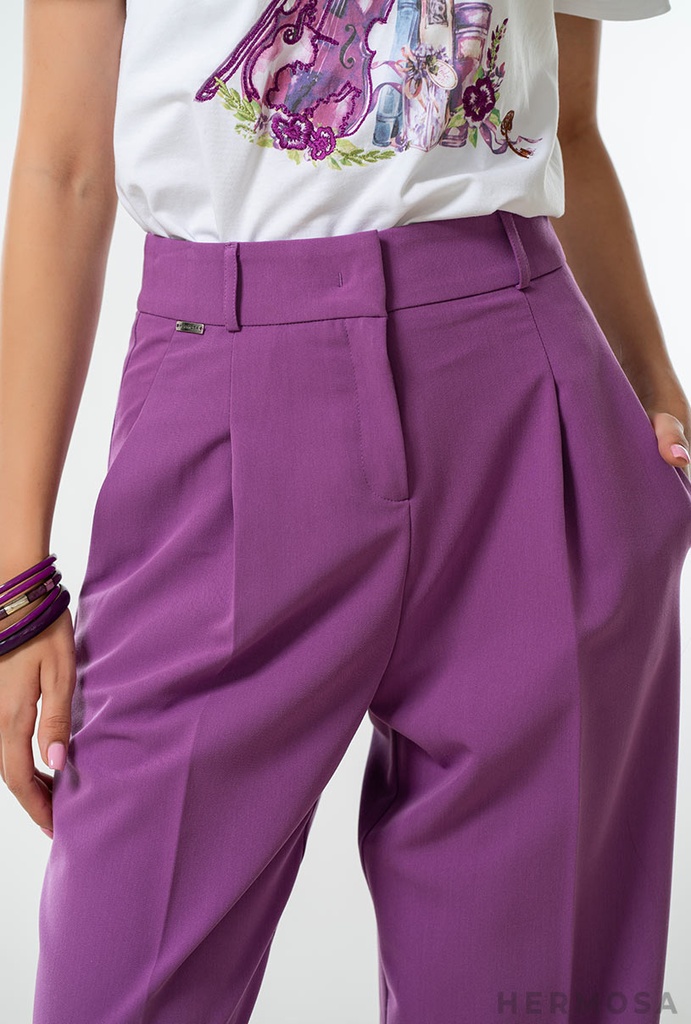 Pantaloni Pigiama Capri Donna ODAWA – Morbidi A Gamba Larga Con Tasche – Vita Elastica E Coulisse – Viola Medio, Taglia S - 2
